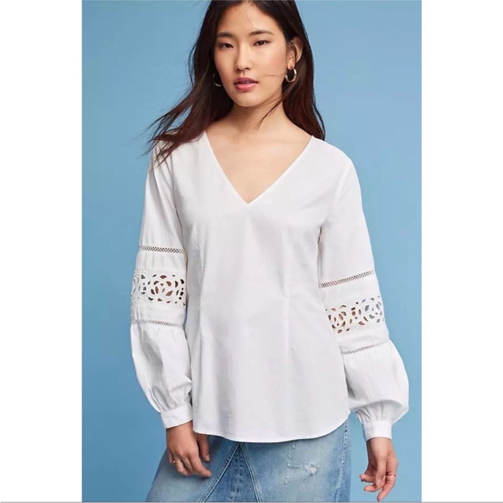 Anthropologie Maeve Leiyla V-Neck Cutout White Blouse size 2